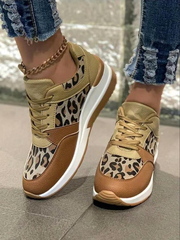 Women's Fashion Leopard Print Lace Up Low Top Sneakers, Casual Comfortable Sports Running Shoes, Female All-match Round Toe Shoes for Daily Wear