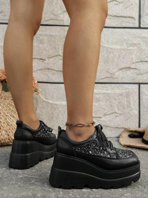 Women's Fashionable Contrast Sequin Decor Lace Up Platform Shoes, Punk Style Wedge Shoes for Daily Life, Trendy All-match Y2k Flatform Shoes for Party