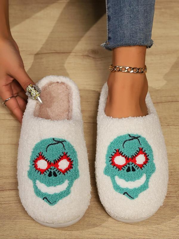 Unisex Street Style Cartoon Mask Print Plush Slippers, Casual Soft Comfortable Home Slippers, Fuzzy Warm Slippers for Women & Men for Daily Wear