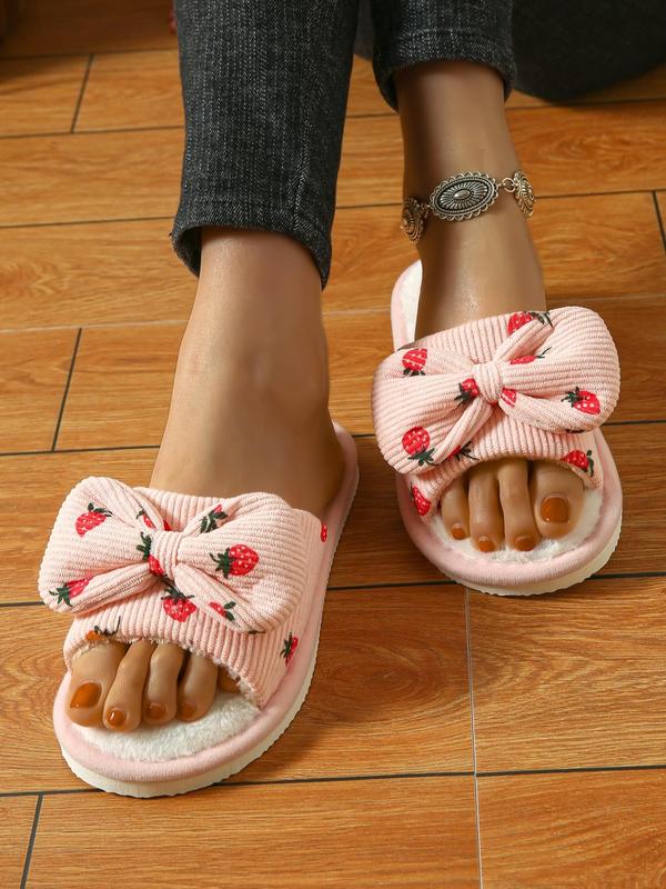 Women's Cute Strawberry Pattern Bow Decorated Slippers, Soft Comfy Home Slippers, Warm Slippers for Indoor & Outdoor Use for All Seasons