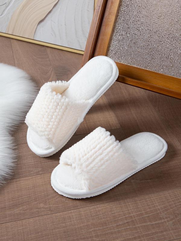 Women's Plain Color Open Toe Plush Slippers, Casual Soft Comfortable Non-slip Home Slippers, Warm Slippers for Indoor & Outdoor Use for Fall & Winter