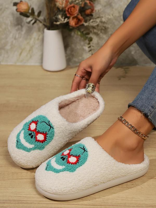 Unisex Street Style Cartoon Mask Print Plush Slippers, Casual Soft Comfortable Home Slippers, Fuzzy Warm Slippers for Women & Men for Daily Wear