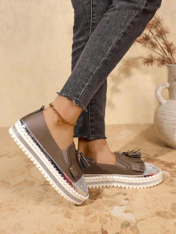 Women's Fashionable Tassel Decorated Slip on Rhinestone Flatform Shoes, Casual Comfortable Round Toe Loafers for Daily Wear, Lightweight Breathable Shoes for All Seasons