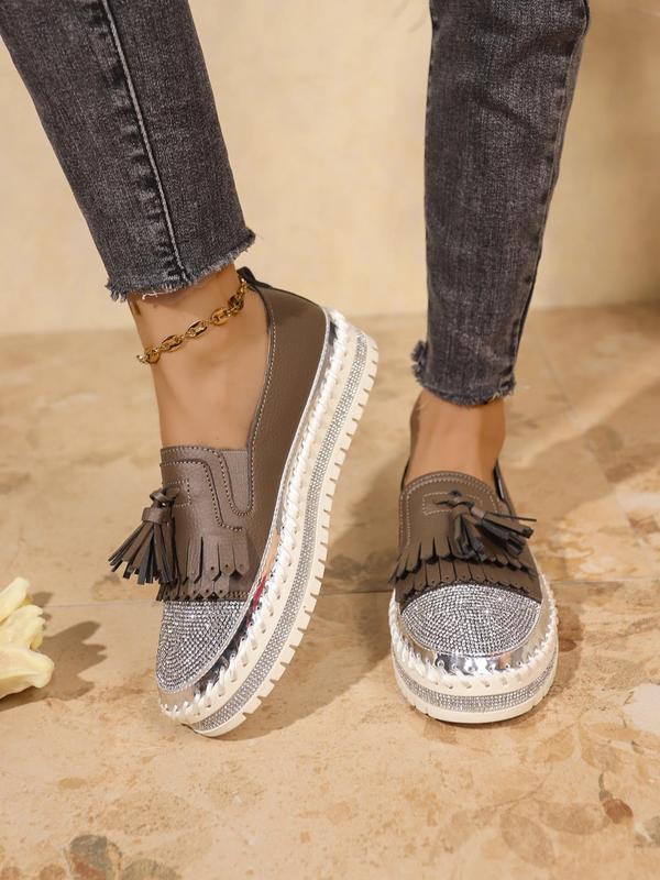 Women's Fashionable Tassel Decorated Slip on Rhinestone Flatform Shoes, Casual Comfortable Round Toe Loafers for Daily Wear, Lightweight Breathable Shoes for All Seasons