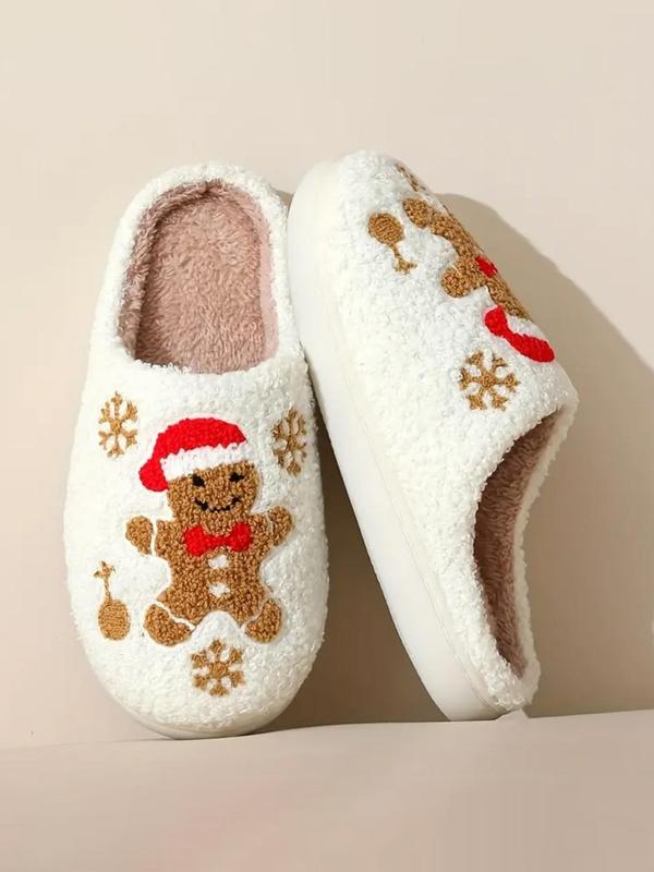 Women's Cute Cartoon Gingerbread Man Design Plush Slippers, Casual Soft Comfortable Home Slippers, Warm Slippers for Indoor & Outdoor Use for Fall & Winter