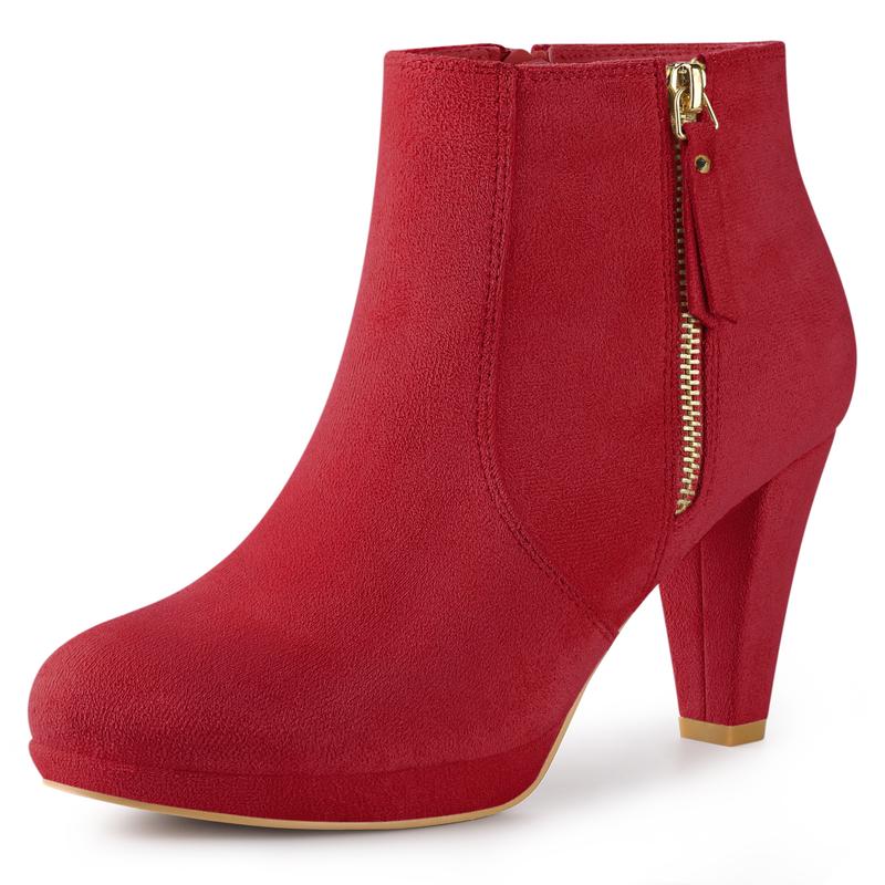 Allegra K Platform Round Toe Chunky Heels Ankle Boots for Women, Red