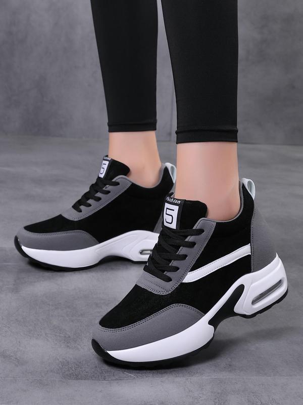 Women's Sportive Patchwork Low Top Lace Up Sneakers, Fall New Air Cushion Design Shoes for Women, Casual Breathable Platform Shoes, Fashionable Sneakers for Daily Wear