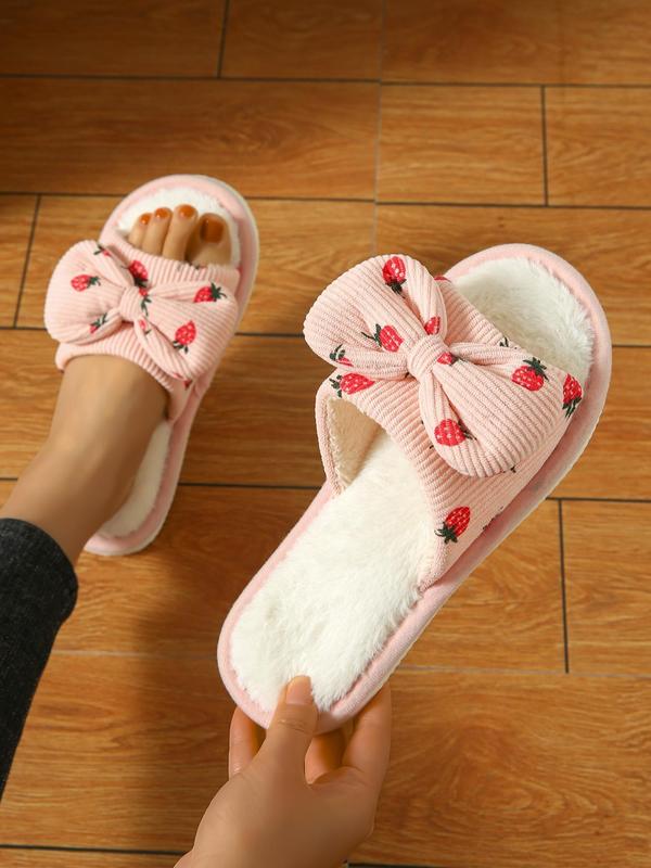 Women's Cute Strawberry Pattern Bow Decorated Slippers, Soft Comfy Home Slippers, Warm Slippers for Indoor & Outdoor Use for All Seasons