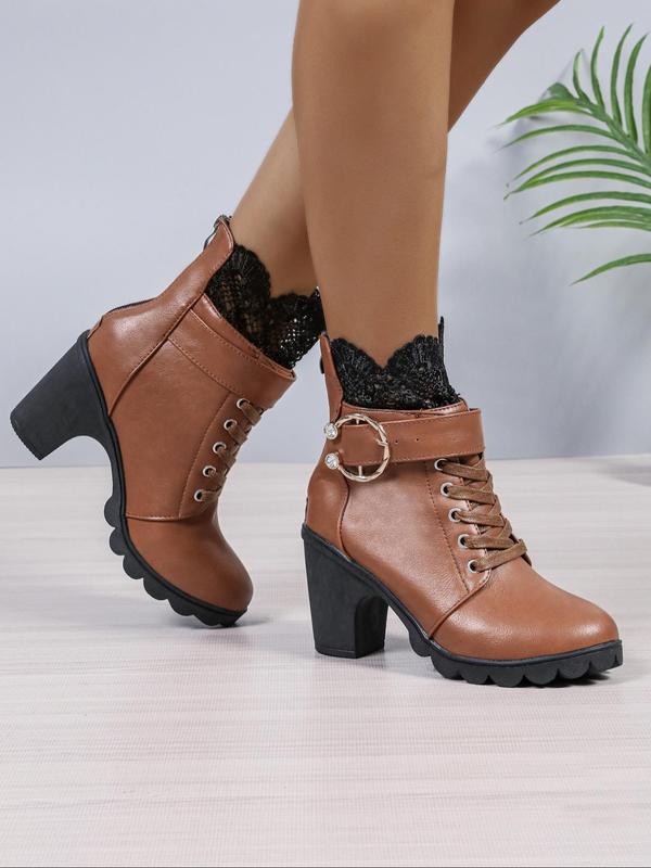 Women's Fashionable Lace Trim Belted Design Boots, Casual Comfortable Round Toe Boots for Daily Wear, Female All-match Trend Shoes for Fall & Winter