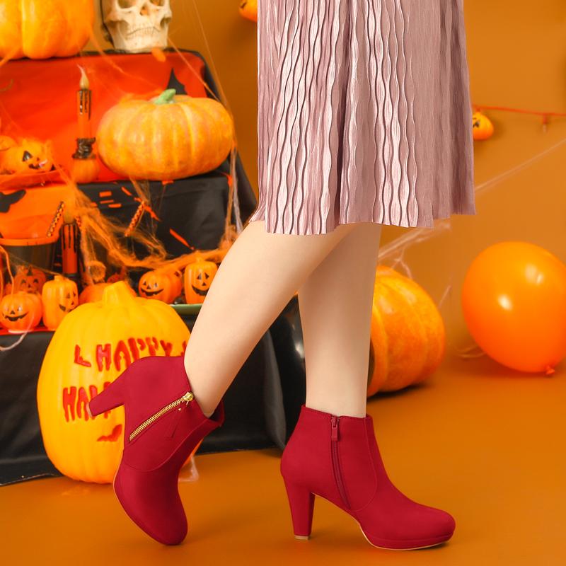 Allegra K Platform Round Toe Chunky Heels Ankle Boots for Women, Red