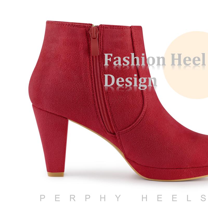 Allegra K Platform Round Toe Chunky Heels Ankle Boots for Women, Red