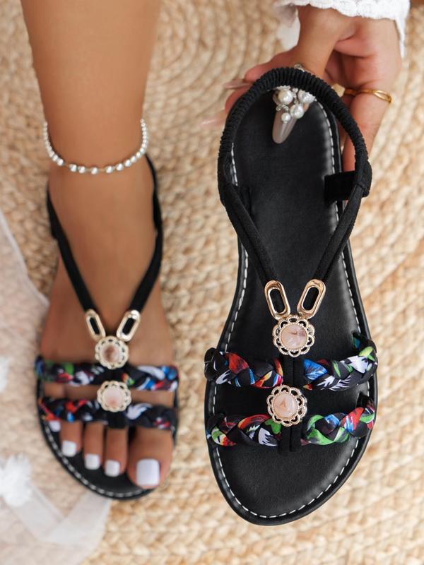 Women's Boho Style Braid Design Slip on Sandals, 2024 New Style Casual Trendy Flat Sandals, Fashionable Shoes for Summer Beach Vacation Wear