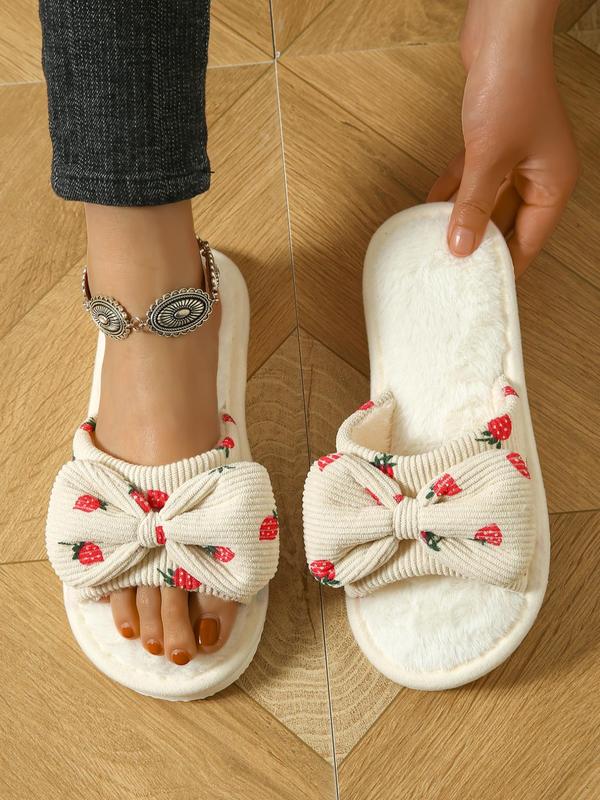 Women's Cute Strawberry Pattern Bow Decorated Slippers, Soft Comfy Home Slippers, Warm Slippers for Indoor & Outdoor Use for All Seasons