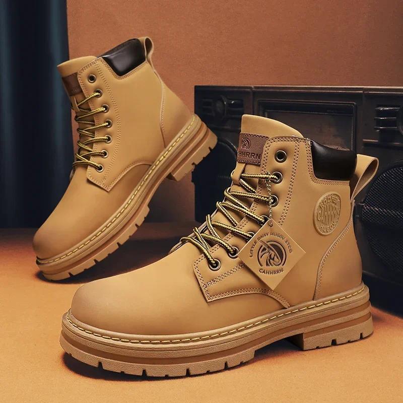 Retro Casual High Top Boots for Men Winter Chunky Rhubarb Boots Men's Motorcycle Ankle Boots Lace-Up Work Footwear Botas Hombre