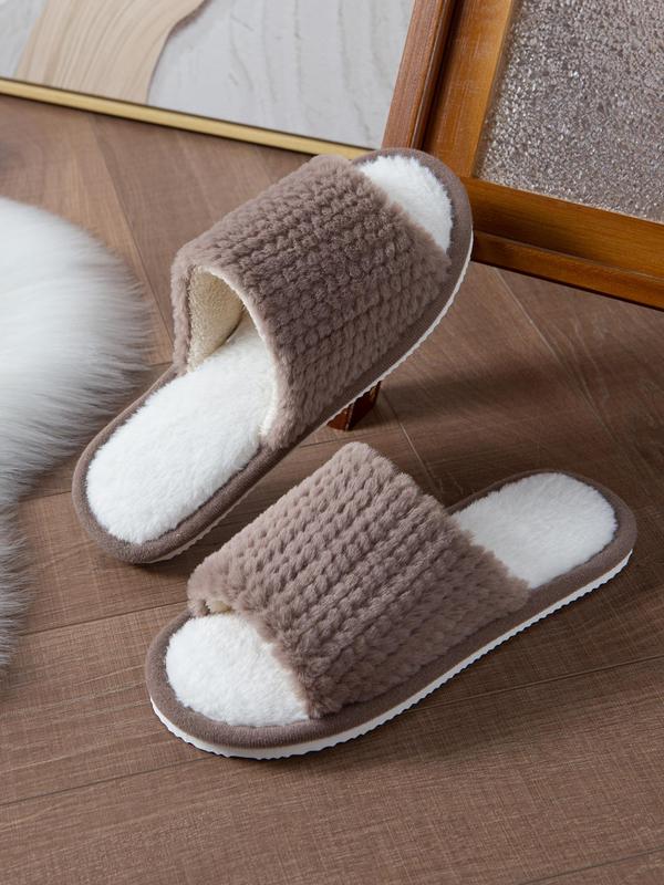 Women's Plain Color Open Toe Plush Slippers, Casual Soft Comfortable Non-slip Home Slippers, Warm Slippers for Indoor & Outdoor Use for Fall & Winter