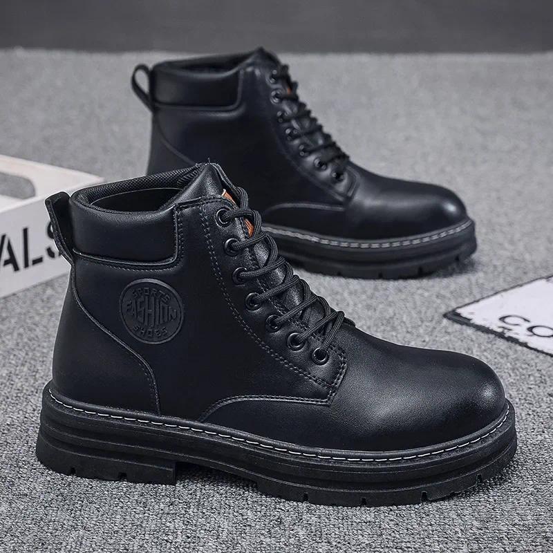 Retro Casual High Top Boots for Men Winter Chunky Rhubarb Boots Men's Motorcycle Ankle Boots Lace-Up Work Footwear Botas Hombre