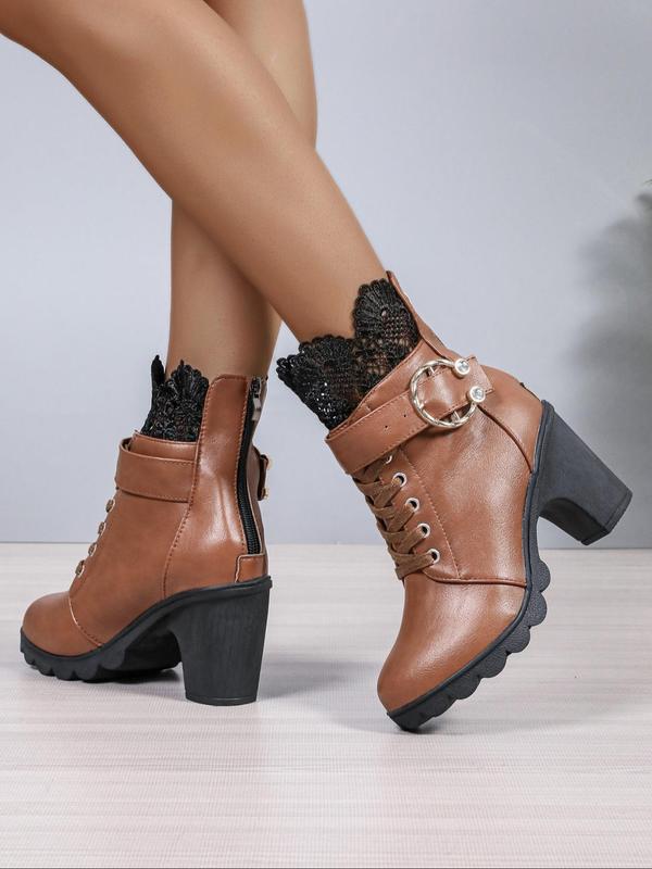 Women's Fashionable Lace Trim Belted Design Boots, Casual Comfortable Round Toe Boots for Daily Wear, Female All-match Trend Shoes for Fall & Winter