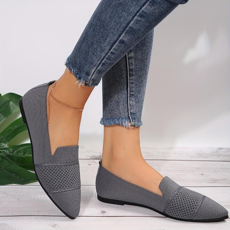 Women's Solid Color Flat Shoes, Breathable Knit Point Toe Slip On Shoes, Lightweight & Comfortable Shoes