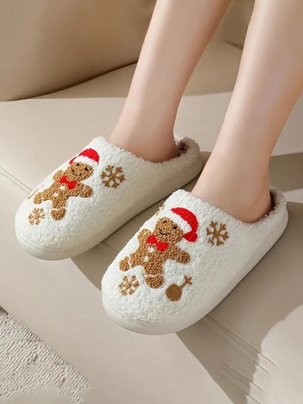 Women's Cute Cartoon Gingerbread Man Design Plush Slippers, Casual Soft Comfortable Home Slippers, Warm Slippers for Indoor & Outdoor Use for Fall & Winter