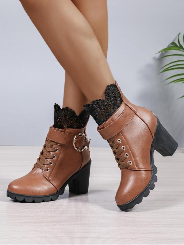 Women's Fashionable Lace Trim Belted Design Boots, Casual Comfortable Round Toe Boots for Daily Wear, Female All-match Trend Shoes for Fall & Winter