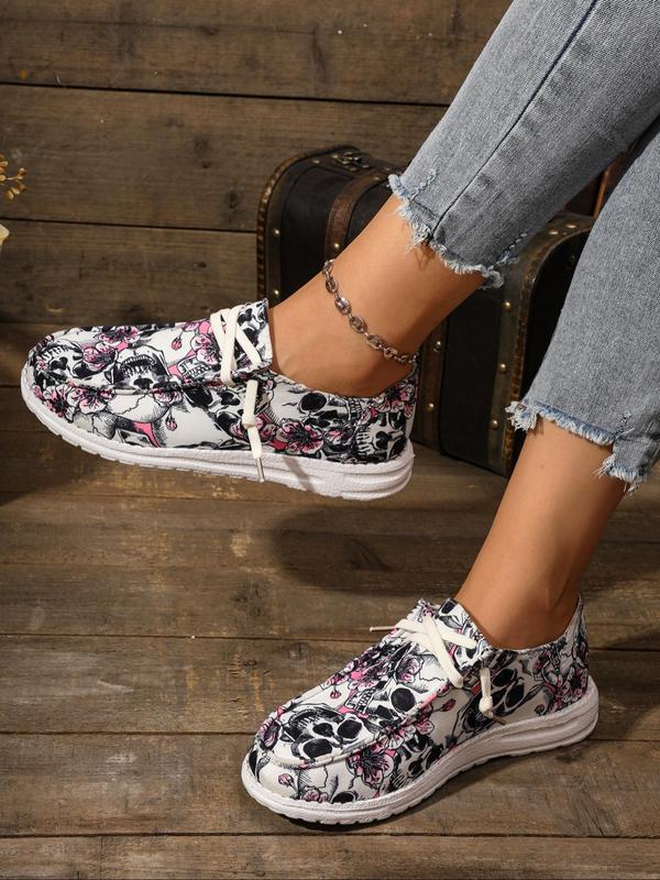 Women's Fashionable Ditsy Floral & Skull Print Slip on Flats, Casual Comfortable Halloween Themed Round Toe Flat Shoes for Daily Wear, Female All-match Shoes for Daily Wear