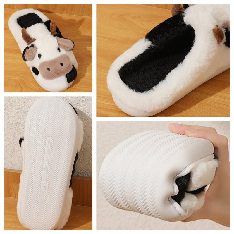 Fluffy Cow Slippers for Women Cartoon Slippers, Winter Indoor Outdoor Slippers Warm Non-Skid Comfy Home Floor Slipper Walking Shoes Flipflop Footwear