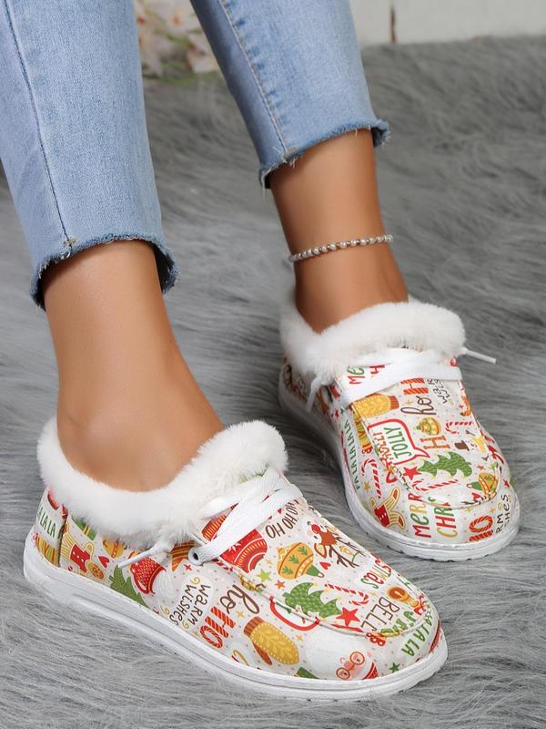 Women's Christmas Print Lace Up Low Top Sneakers, Casual Comfortable Warm Fluffy Lined Shoes for Fall & Winter, Female All-match Round Toe Shoes for Daily Wear