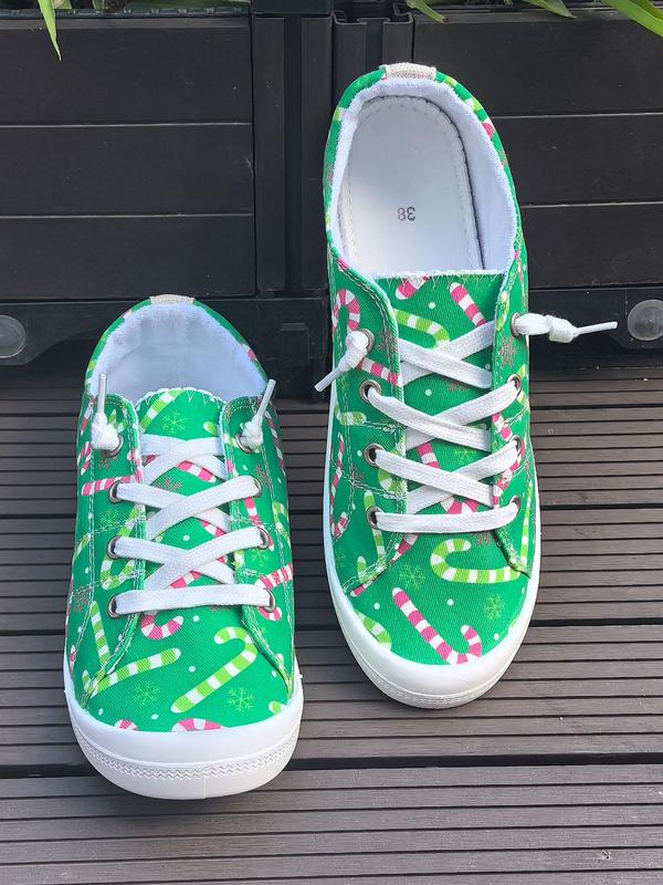 Women's Cute Christmas Candy Print Lace Up Low Top Sneakers, 2024 New Style Casual Comfortable Round Toe Shoes for Daily Wear, Female All-match Shoes for Daily Wear