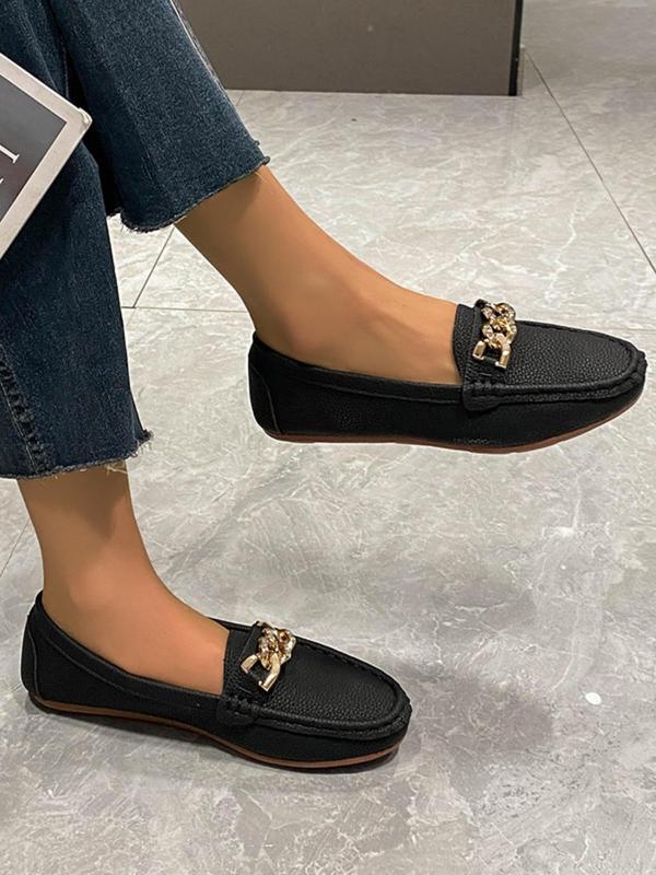 Women's Elegant Simple Chain Decoration Flat Shoes, Autumn Winter Casual Sports Fashion PU Leather Soft Shoes