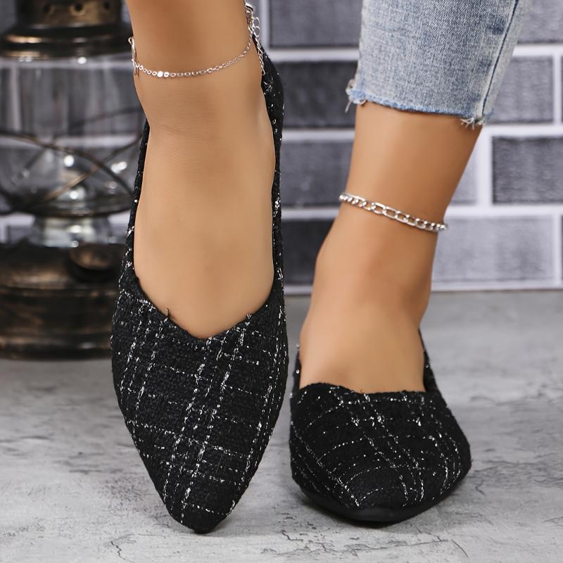 Women's Plaid Pattern Flat Shoes, Casual Point Toe Slip On Shoes, Lightweight & Comfortable Shoes