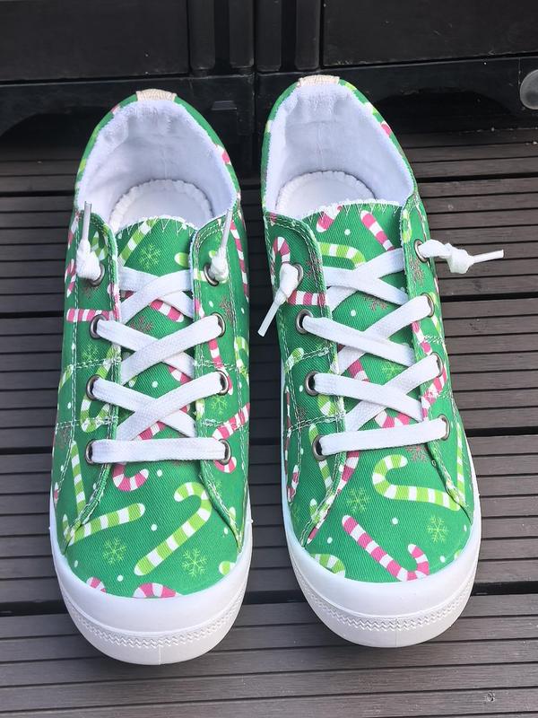 Women's Cute Christmas Candy Print Lace Up Low Top Sneakers, 2024 New Style Casual Comfortable Round Toe Shoes for Daily Wear, Female All-match Shoes for Daily Wear