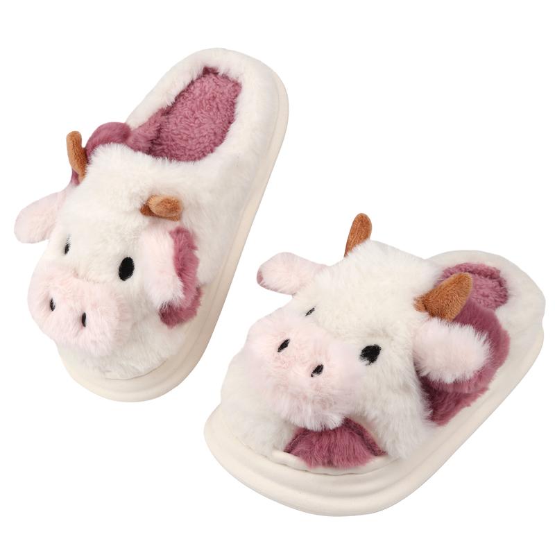 Cute Cartoon Cow Furry House Shoes For Boys, Comfortable Non Slip Soft Bottom Walking Shoes For Indoor, Autumn And Winter