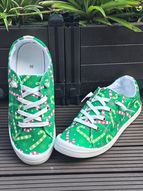 Women's Cute Christmas Candy Print Lace Up Low Top Sneakers, 2024 New Style Casual Comfortable Round Toe Shoes for Daily Wear, Female All-match Shoes for Daily Wear