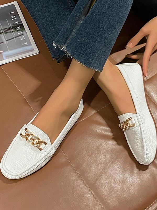 Women's Elegant Simple Chain Decoration Flat Shoes, Autumn Winter Casual Sports Fashion PU Leather Soft Shoes