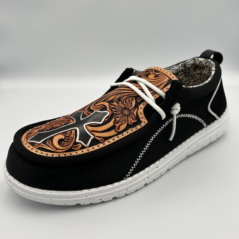 Double R Western Tooled Leather Shoes (Black - Cross)