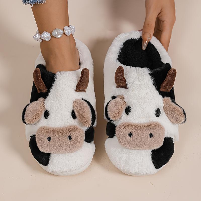 Fluffy Cow Slippers for Women Cartoon Slippers, Winter Indoor Outdoor Slippers Warm Non-Skid Comfy Home Floor Slipper Walking Shoes Flipflop Footwear