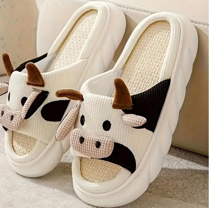 Mens Adorable Milk Cow Graphic Slippers - Funny & Non-Slip - Linen Open-Toe Design for Cozy Indoor Strolls Footwear Walking Shoes