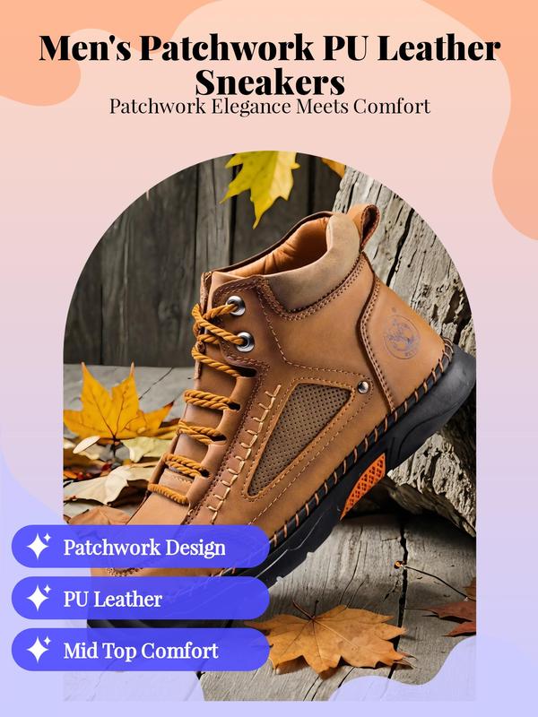 Men's Fashionable Patchwork Lace Up Front Pu Leather Sneakers, Designer Shoes Casual Comfortable Mid Top Shoes for Daily Wear, Perfect Outdoor Shoes for Men