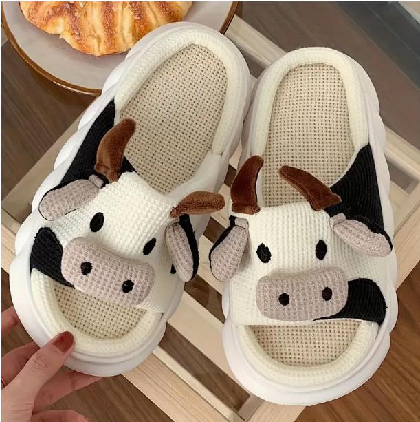 Mens Adorable Milk Cow Graphic Slippers - Funny & Non-Slip - Linen Open-Toe Design for Cozy Indoor Strolls Footwear Walking Shoes