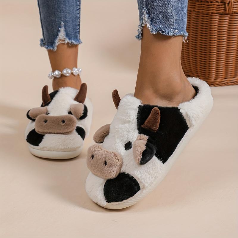 Fluffy Cow Slippers for Women Cartoon Slippers, Winter Indoor Outdoor Slippers Warm Non-Skid Comfy Home Floor Slipper Walking Shoes Flipflop Footwear