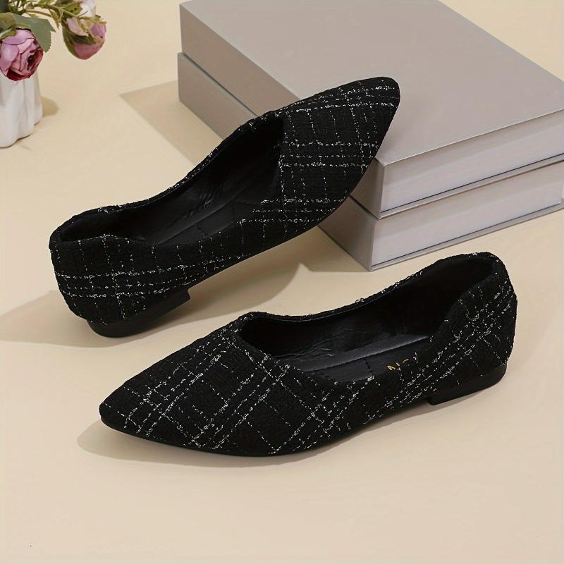 Women's Plaid Pattern Flat Shoes, Casual Point Toe Slip On Shoes, Lightweight & Comfortable Shoes