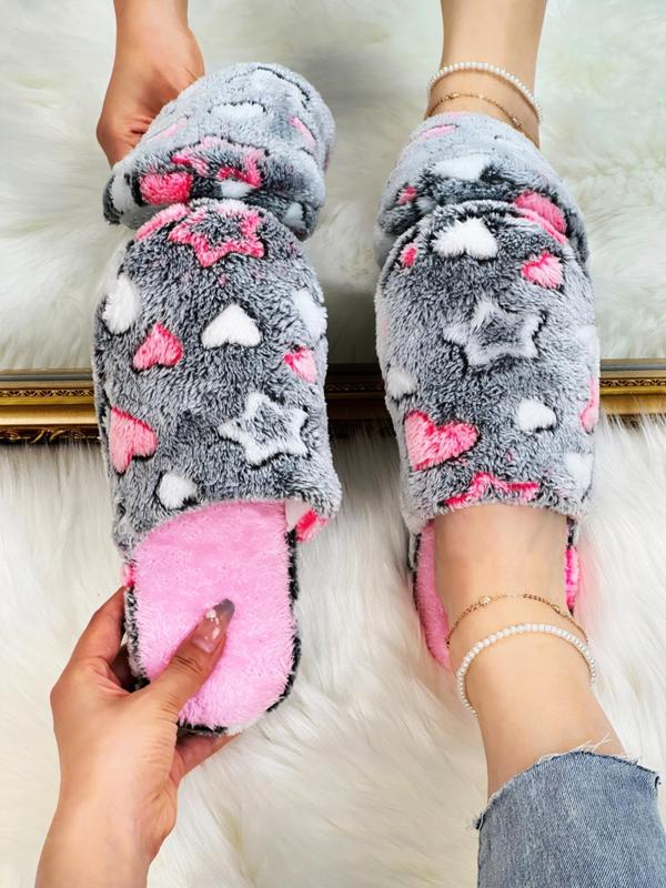 2024 Cartoon Star & Heart Pattern Bedroom Slippers, Minimalist Comfortable Indoor Non-slip Slippers for Girl, Fluffy Warm Indoor Home Slippers for Back To School Dormitory Wear, Plush Footwear