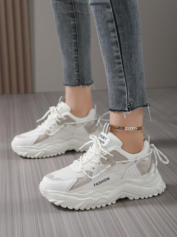 Women's Fashionable Letter Patched Design Lace Up Front Low Top Chunky Sneakers, Casual Sporty Breathable Comfortable Platform Shoes, Trendy Shoes for Daily Life