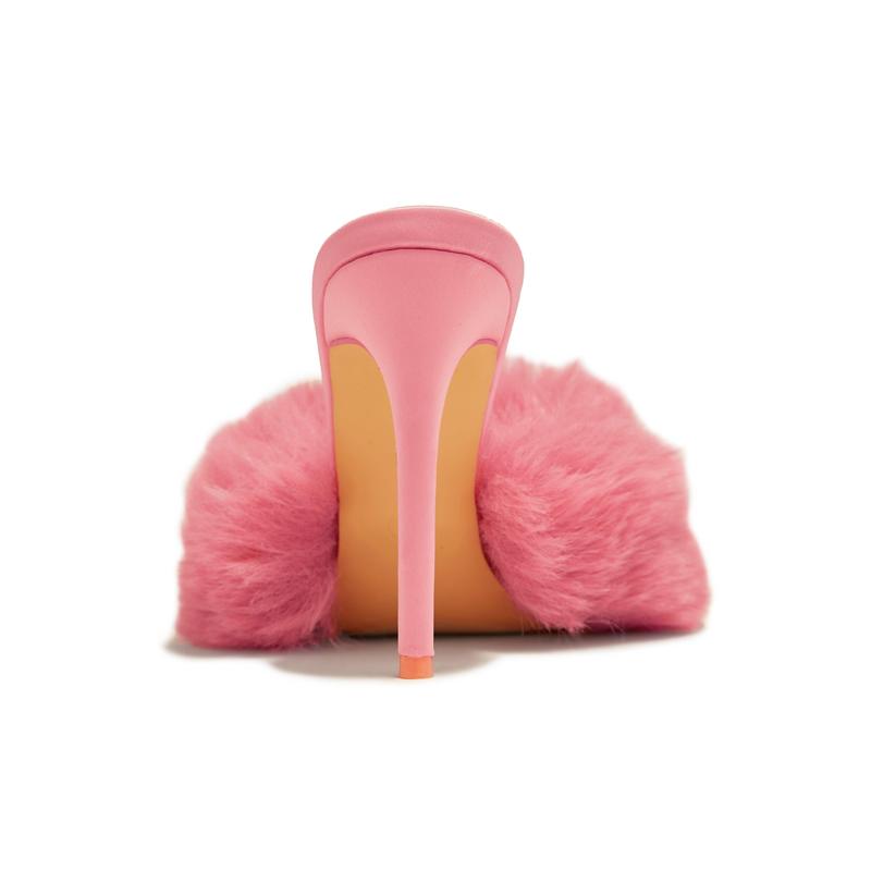 Cherie Faux Fur High Heel Mules - Pink