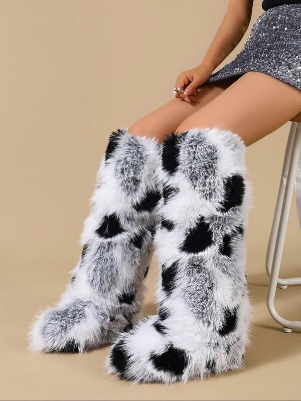 Women's Mixed Color Fluffy Lined Snow Boots, Casual Comfortable Warm Knee Boots for Fall & Winter, Female All-match Trendy Shoes for Daily Wear