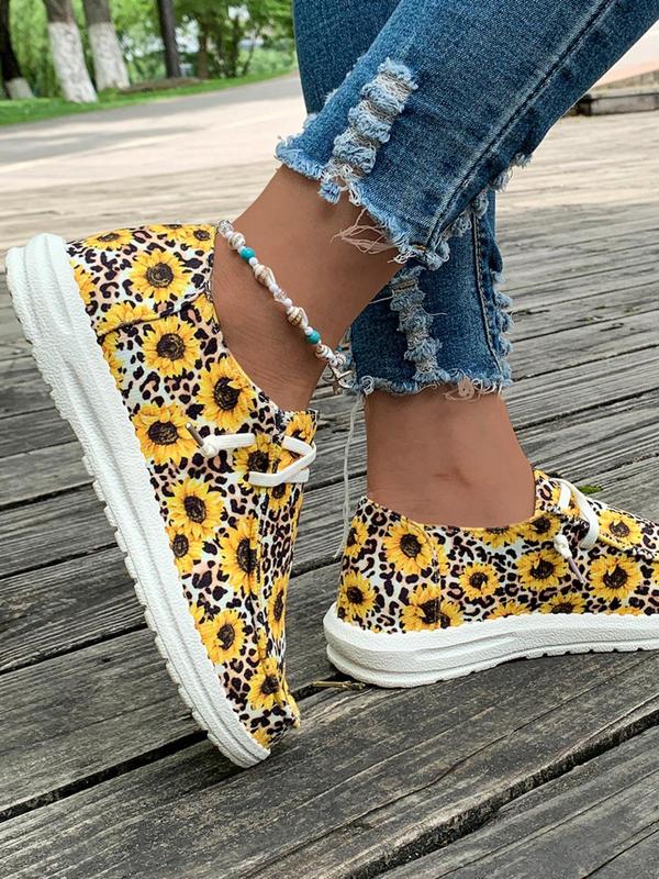 Women's Summer Fashionable Sunflower Print Slip on Sneakers, Casual Comfortable Round Toe Flat Sports Shoes for Daily Wear, Athletic Trendy Trainer for Daily Footwear for Girl