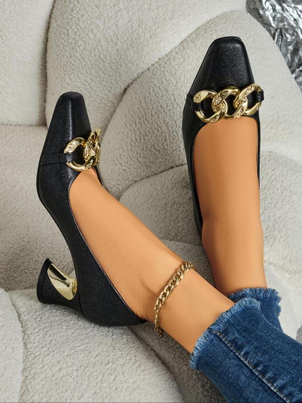 Women's Fashionable Chain Decorated Square Toe High Heel Shoes, Elegant Solid Pumps for Daily Wear, Female All-match Shoes for Fall & Winter