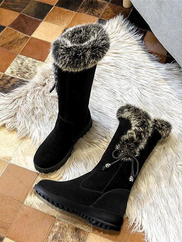 Women's Bow Decorated Plush Boots, Casual Comfortable Thickened Lined Snow Boots, Simple Design Warm & Cozy Non-slip Boots for Fall & Winter