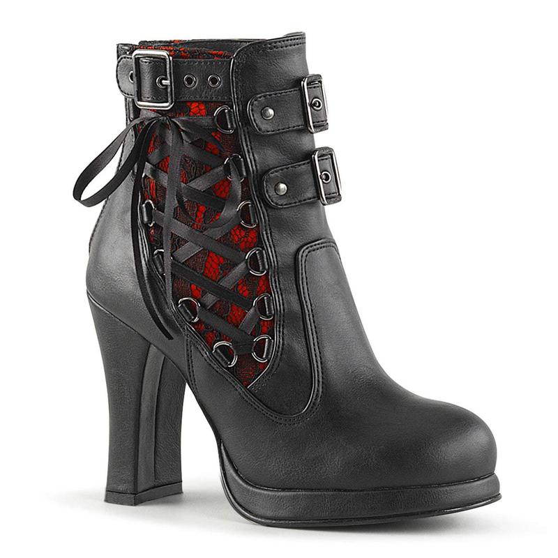 Demonia Crypto-51 Black-Red Lace Vegan Leather Ankle Boots