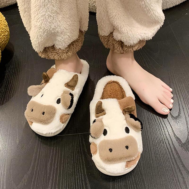 Women's Cow Slippers Winter Soft Cartoon Cute Cow Slides Clog House Shoes for Indoor